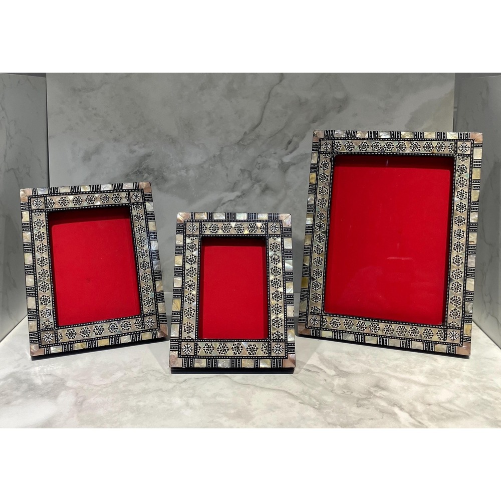 Handcrafted Mother of Pearl Mosaic Picture Frame: Beech Wood Inlay Set of 3